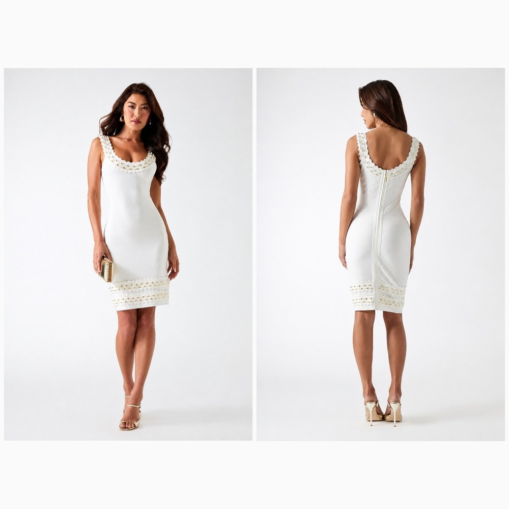 Marciano Juniper Bandage Dress Pale Pearl White Gold Studded Scalloped Mini US 6